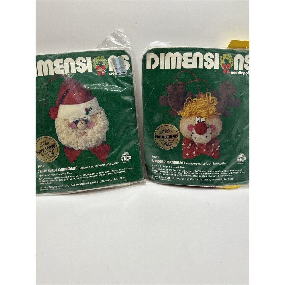 NOS Dimensions 1981 Puffie Stuffns Needlepoint Crewel Santa Reindeer Ornaments